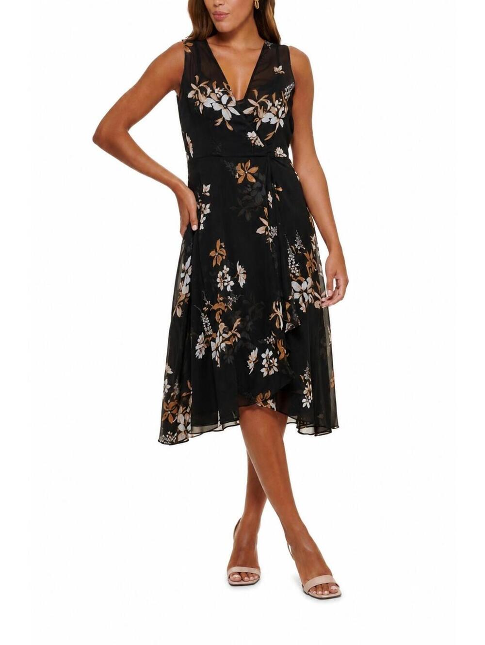 Calvin Klein Black Floral Chiffon High Low Midi Dress Size 8 Romantic Overlay